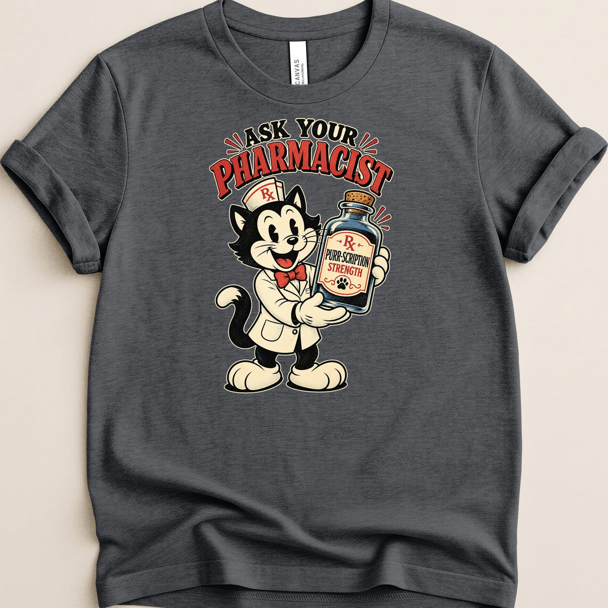 Cartoon cat pharmacist holding bottle labeled "Purr-scription Strength."