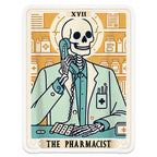 Skeleton pharmacist wearing a lab coat holds a phone, with medicine bottles in the background.