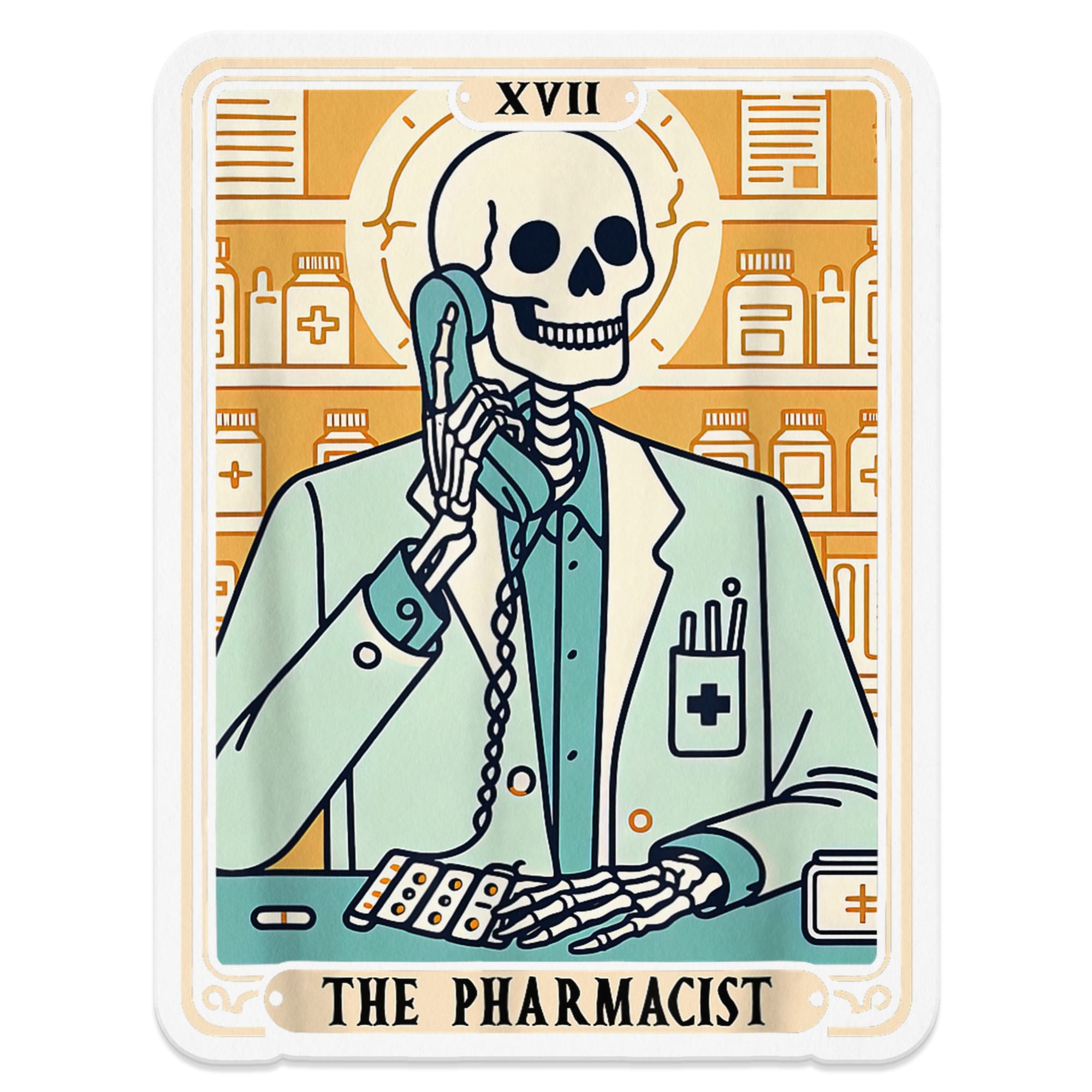 Skeleton pharmacist wearing a lab coat holds a phone, with medicine bottles in the background.