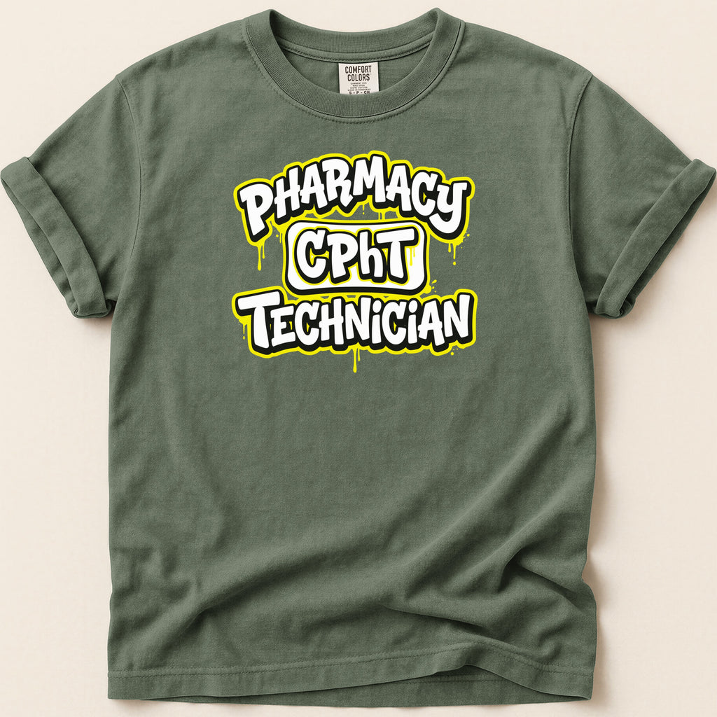 Olive green t-shirt with "Pharmacy CPHT Technician" text in yellow and white.