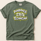 Olive green t-shirt with "Pharmacy CPHT Technician" text in yellow and white.