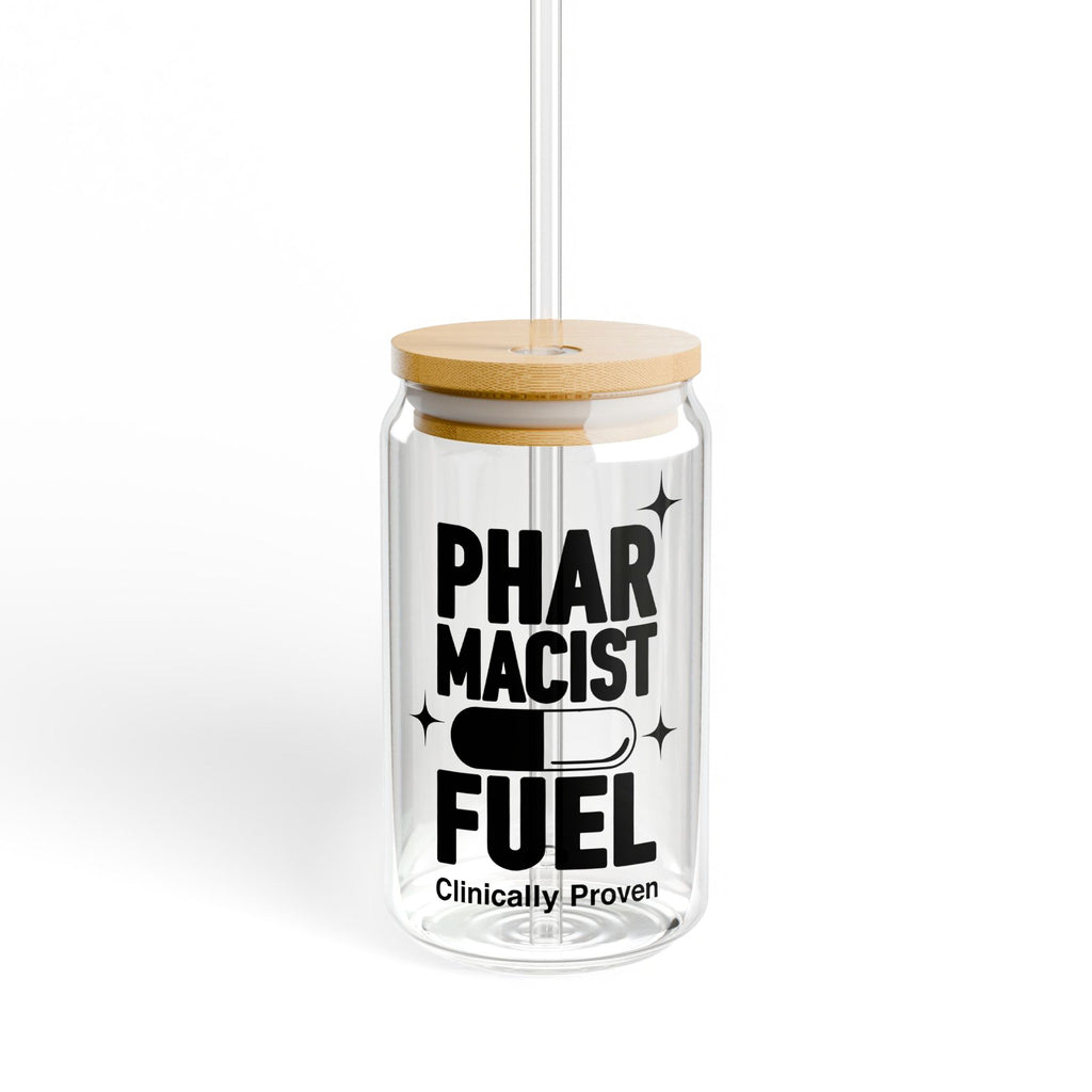 Glass tumbler with "PHARMACIST FUEL" and a pill emblem.