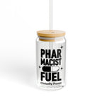Glass tumbler with "PHARMACIST FUEL" and a pill emblem.