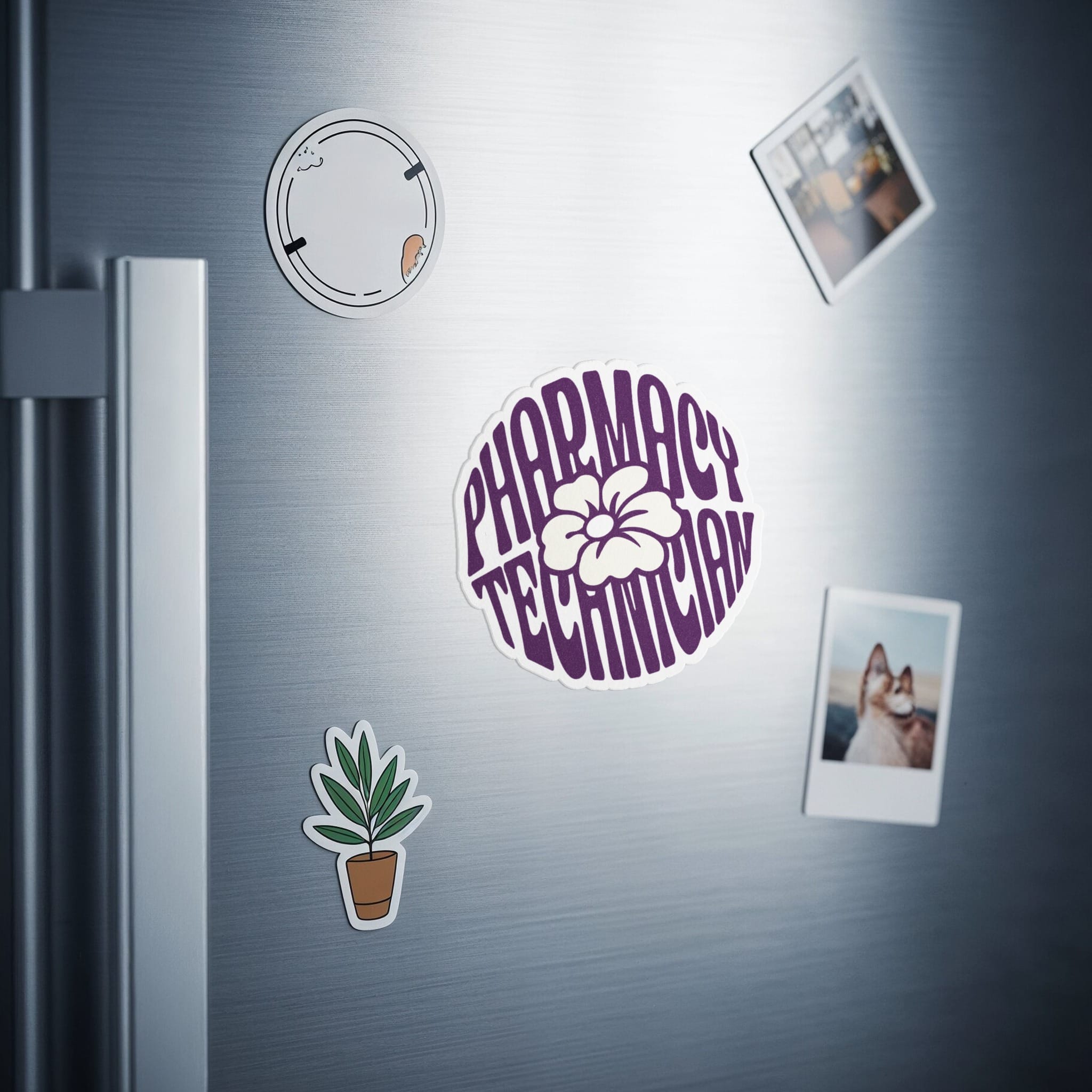 Purple circle sticker with "Pharmacy Technician" text and flower design.