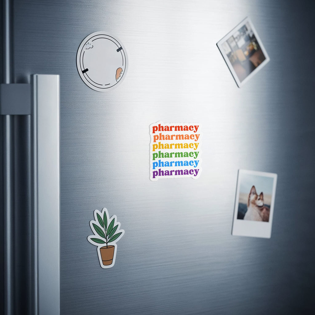 Rainbow pharmacy text stickers and photos on a refrigerator door.