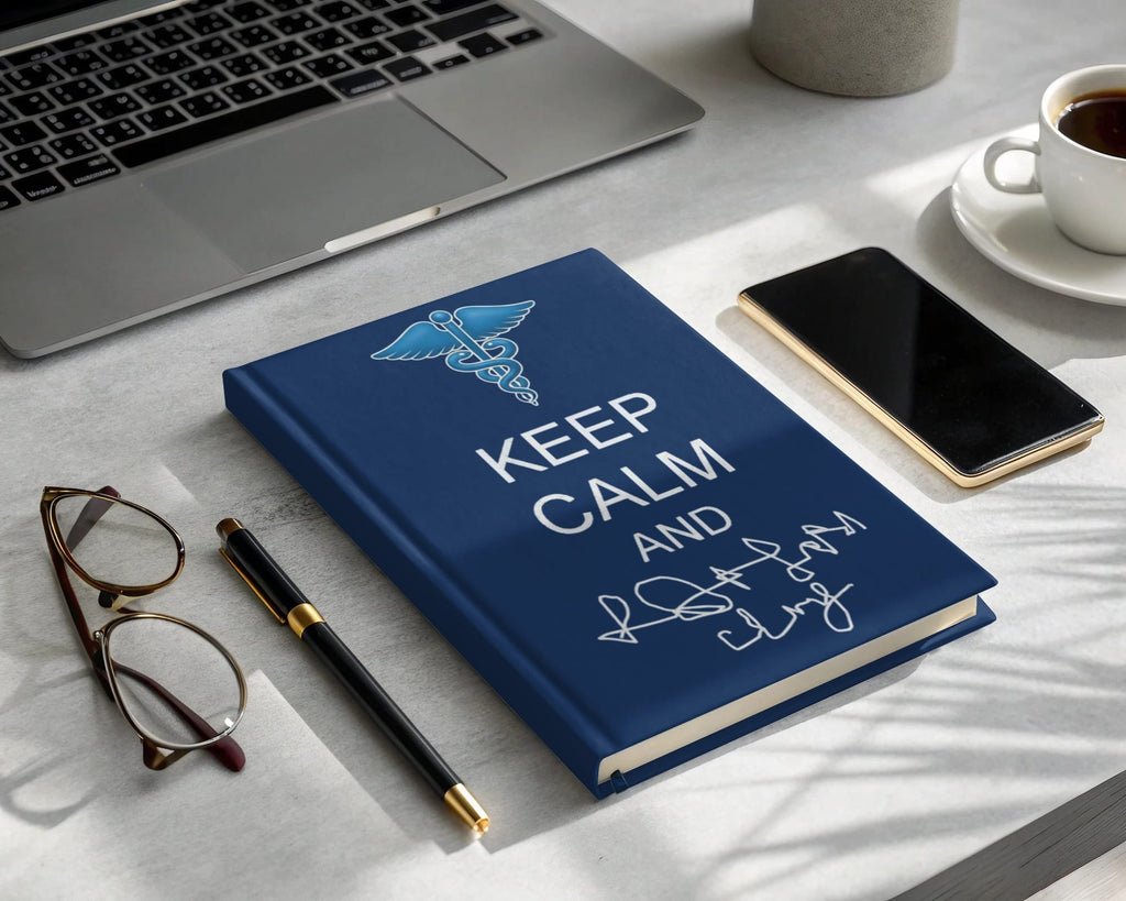 Blue medical journal with "Keep Calm and ______" text and caduceus symbol.