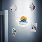 Cloud-shaped sticker with a building and sun, "It's a beautiful day to sell drugs" text.