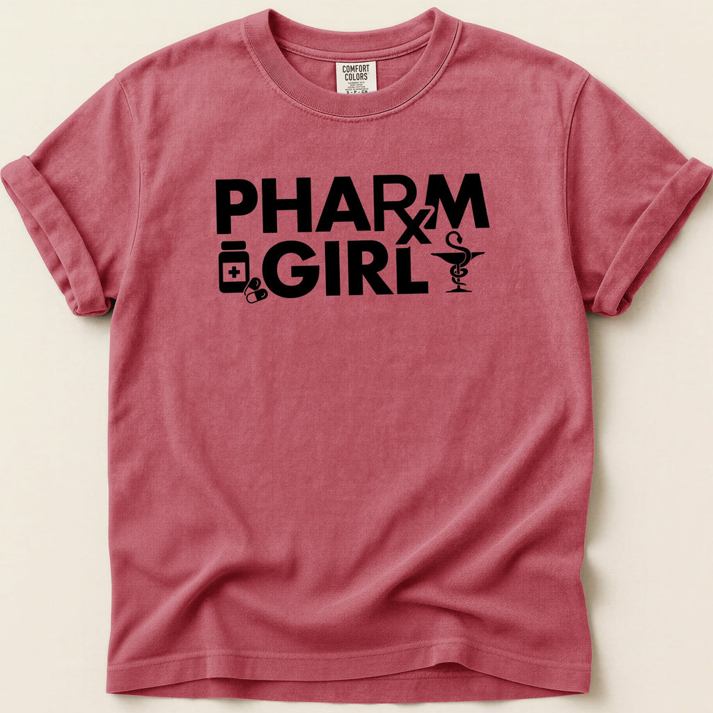 Red t-shirt with "PHARM GIRL" text and medical icons.
