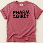 Red t-shirt with "PHARM GIRL" text and medical icons.