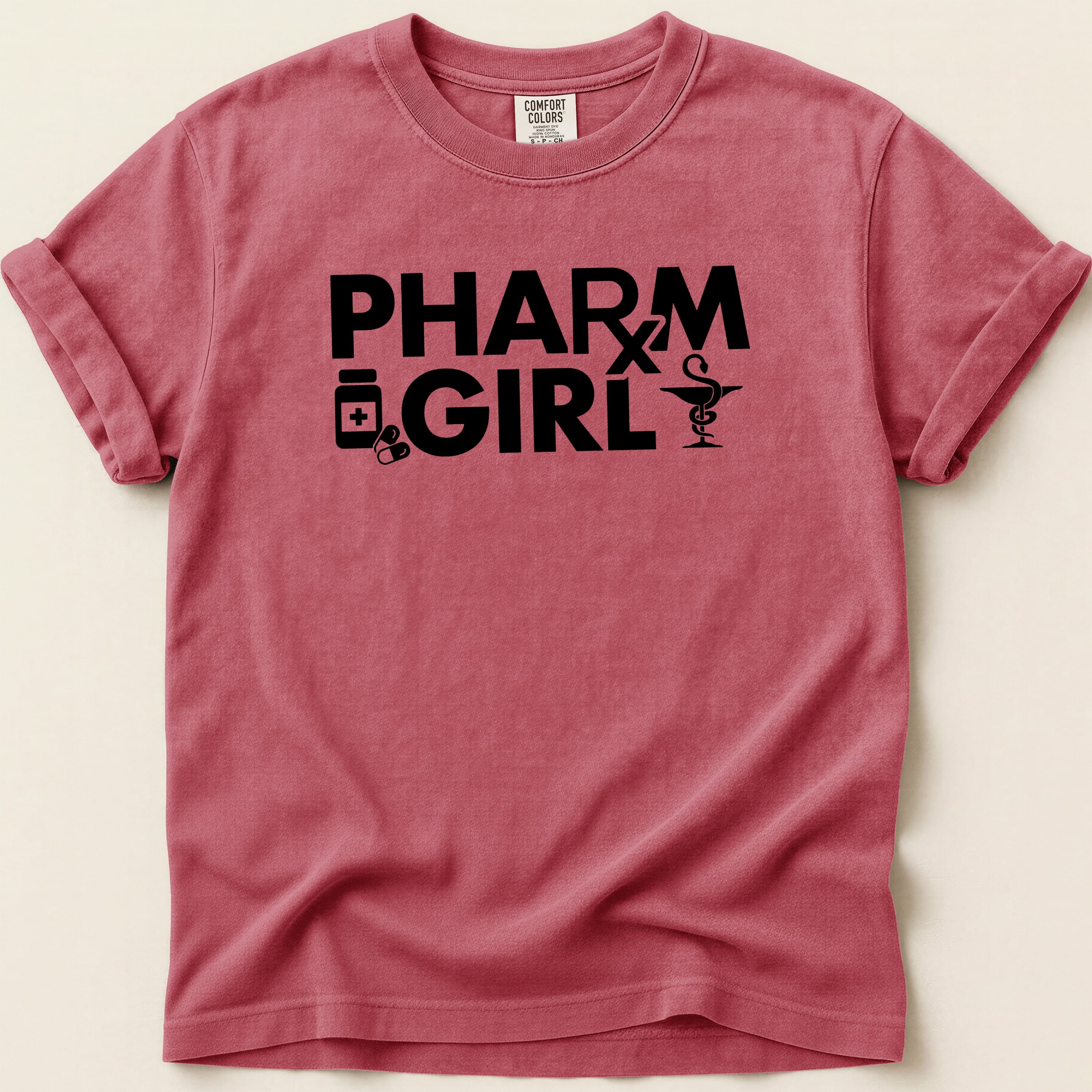 Red t-shirt with "PHARM GIRL" text and medical icons.