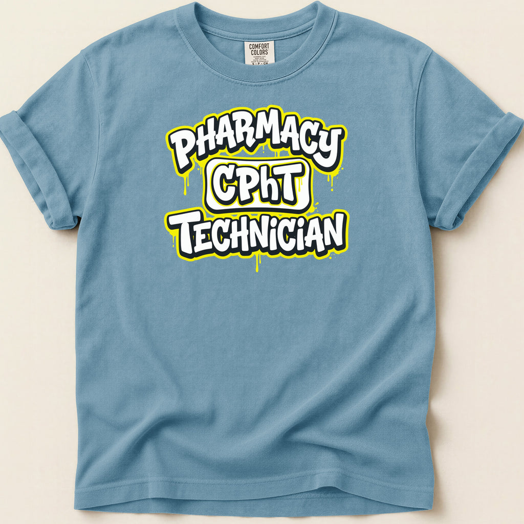 Blue t-shirt with "PHARMACY CPHT TECHNICIAN" text.