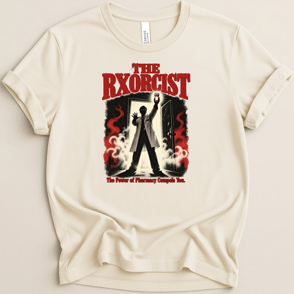 "The Rxorcist" graphic tee featuring a silhouette in a doorway holding a pill bottle.