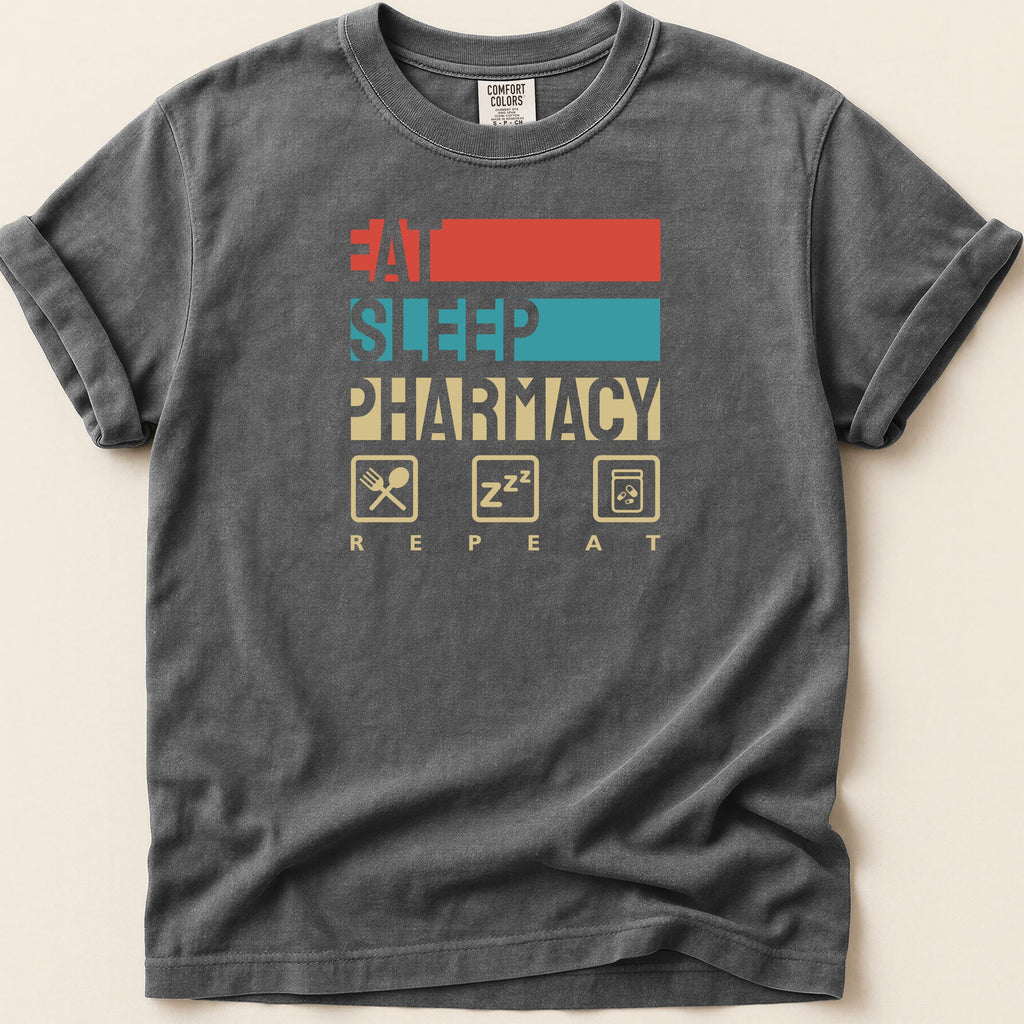 T-shirt with "Eat Sleep Pharmacy Repeat" and pharmacy icons.