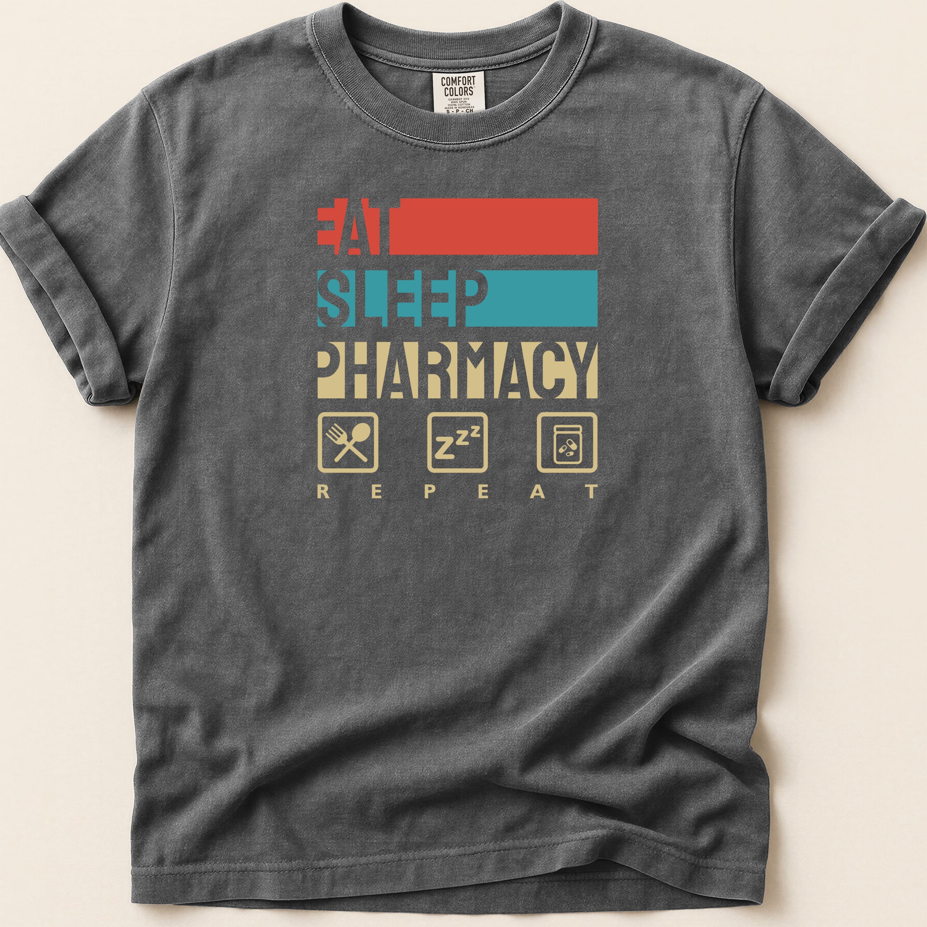 T-shirt with "Eat Sleep Pharmacy Repeat" and pharmacy icons.