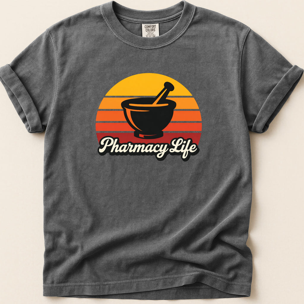 Dark gray t-shirt with "Pharmacy Life" and a mortar and pestle on a sunset graphic.