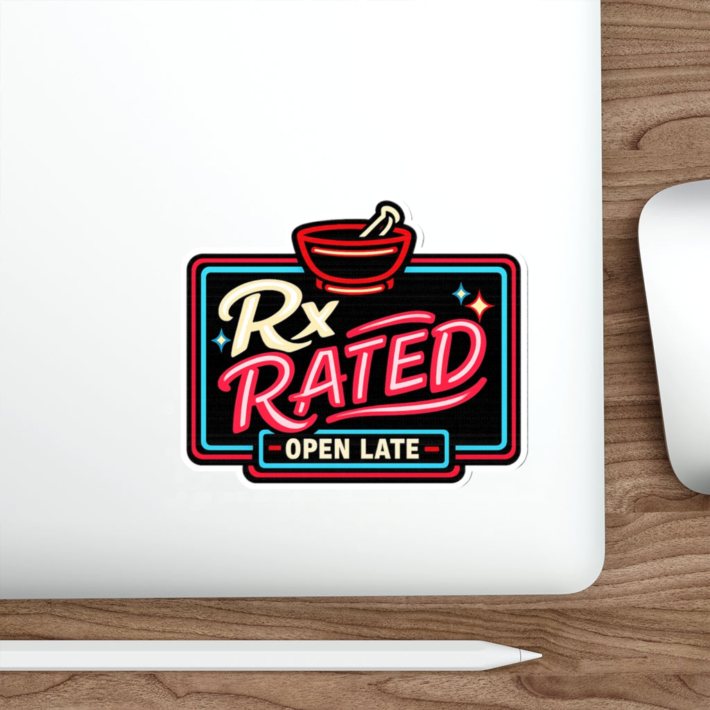 Neon sign for "Rx RATED - OPEN LATE" with a mortar and pestle.