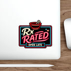 Neon sign for "Rx RATED - OPEN LATE" with a mortar and pestle.