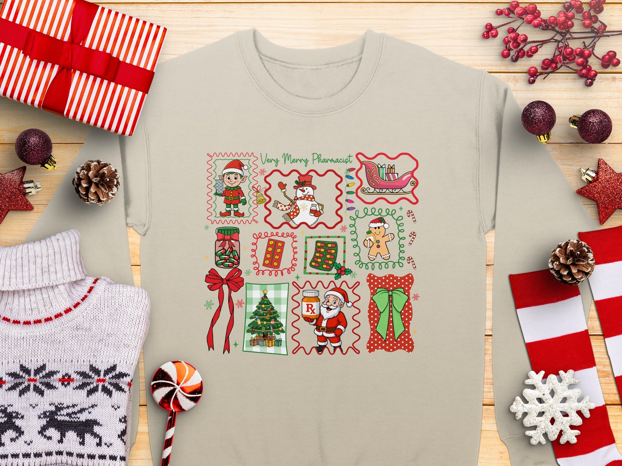 Festive Christmas Icons Print Holiday Sweatshirt