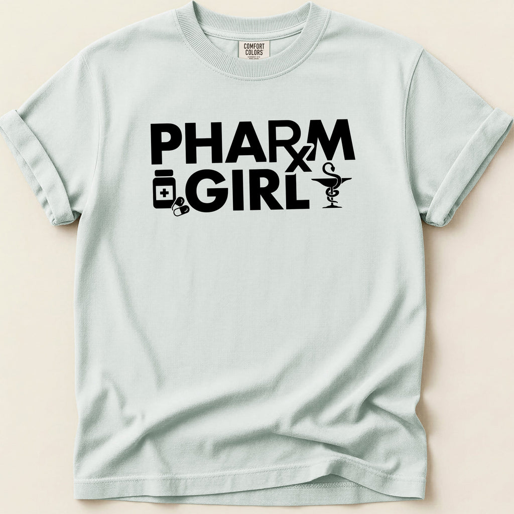 Comfort Colors t-shirt with Pharm Girl text and pharmacy symbols.