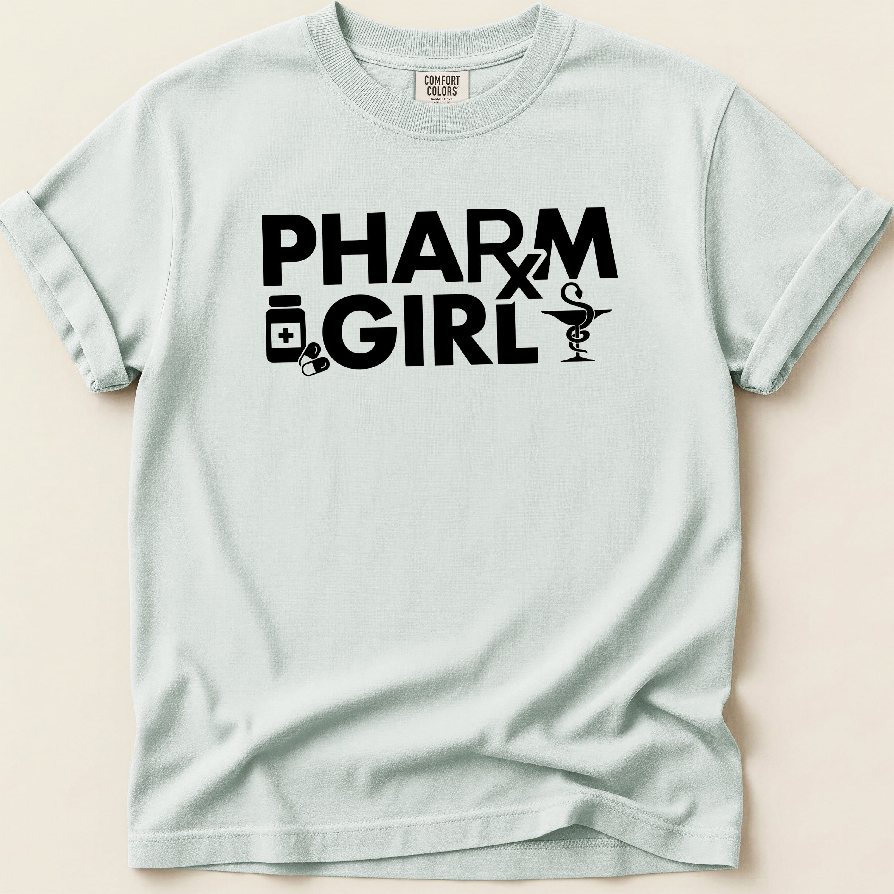 Comfort Colors t-shirt with Pharm Girl text and pharmacy symbols.