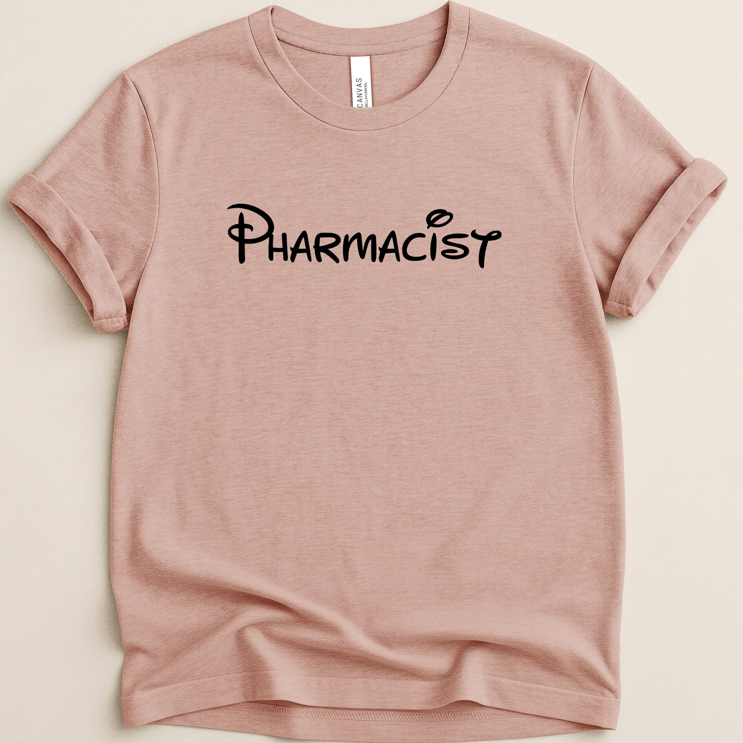 Rose pink t-shirt with "Pharmacist" in Disney-style font.