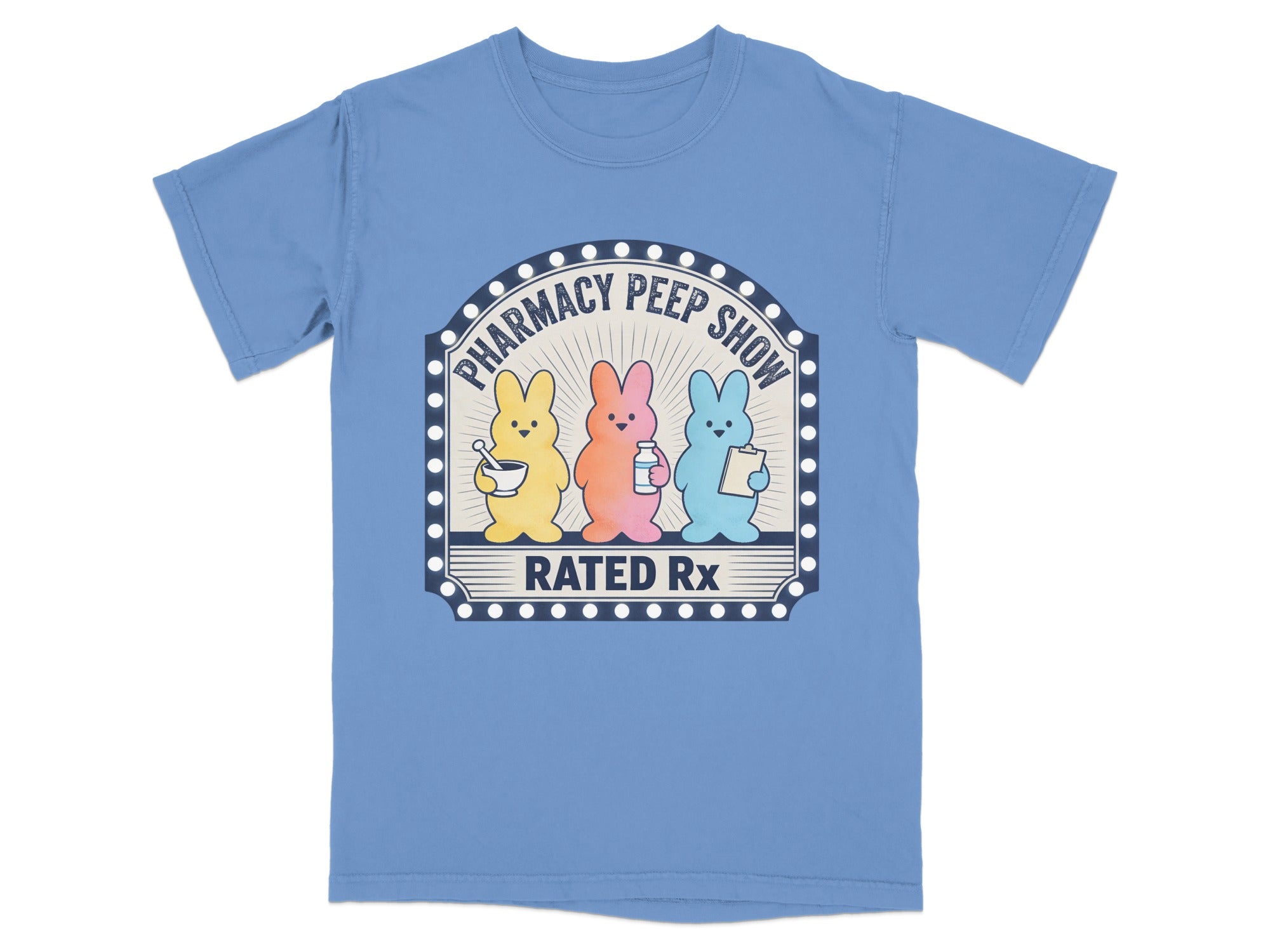 Pharmacy Peep Show Rated Rx t-shirt featuring three Peeps bunnies.