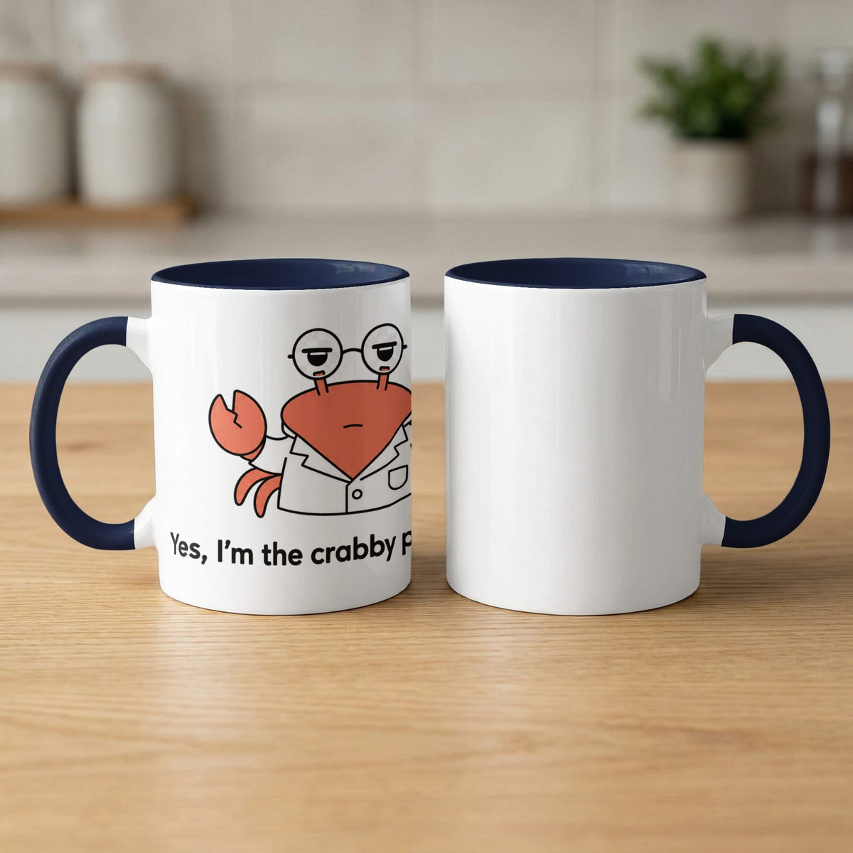Mug with cartoon crab in lab coat, text "Yes, I'm the crabby P".