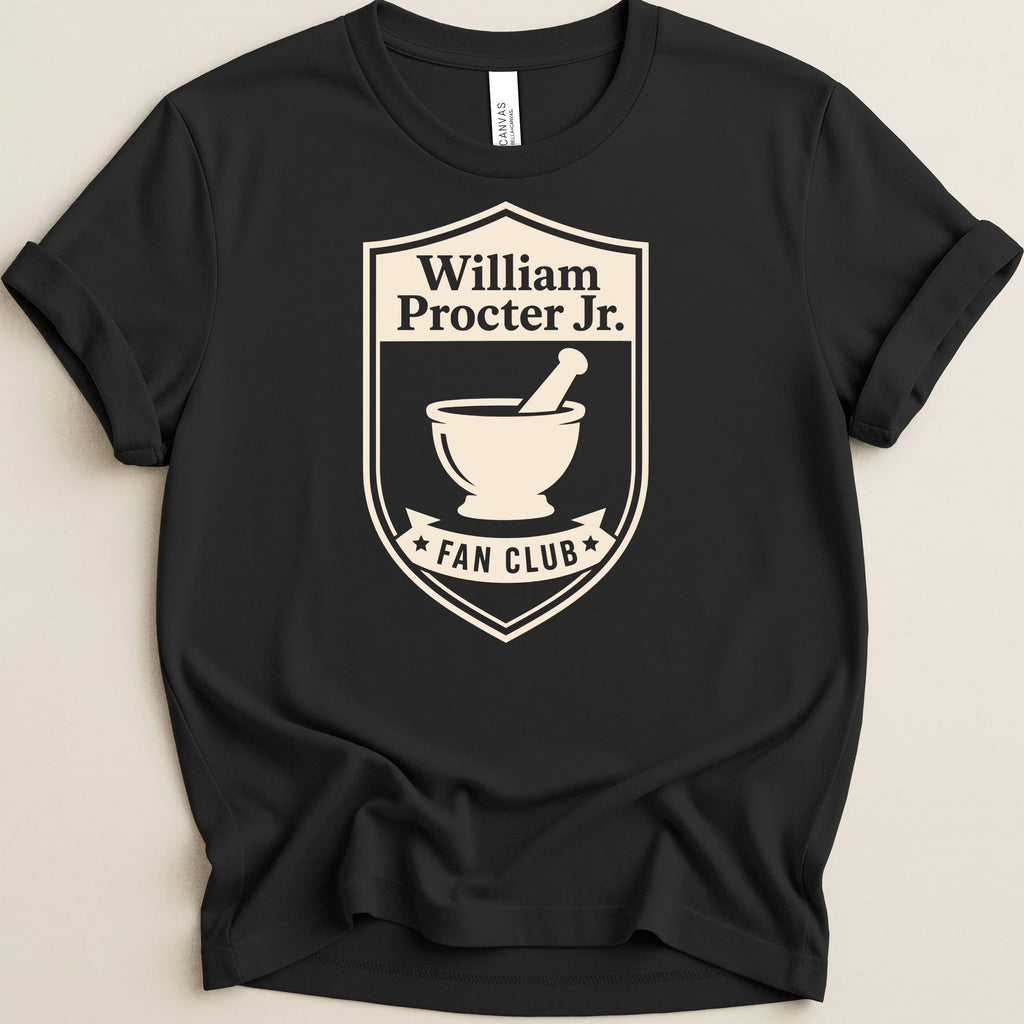 Black t-shirt featuring a shield logo for "William Procter Jr. Fan Club" with a mortar and pestle.