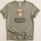 T-shirt with cartoon pill bottle and text "World's Okayest Pharmacist".