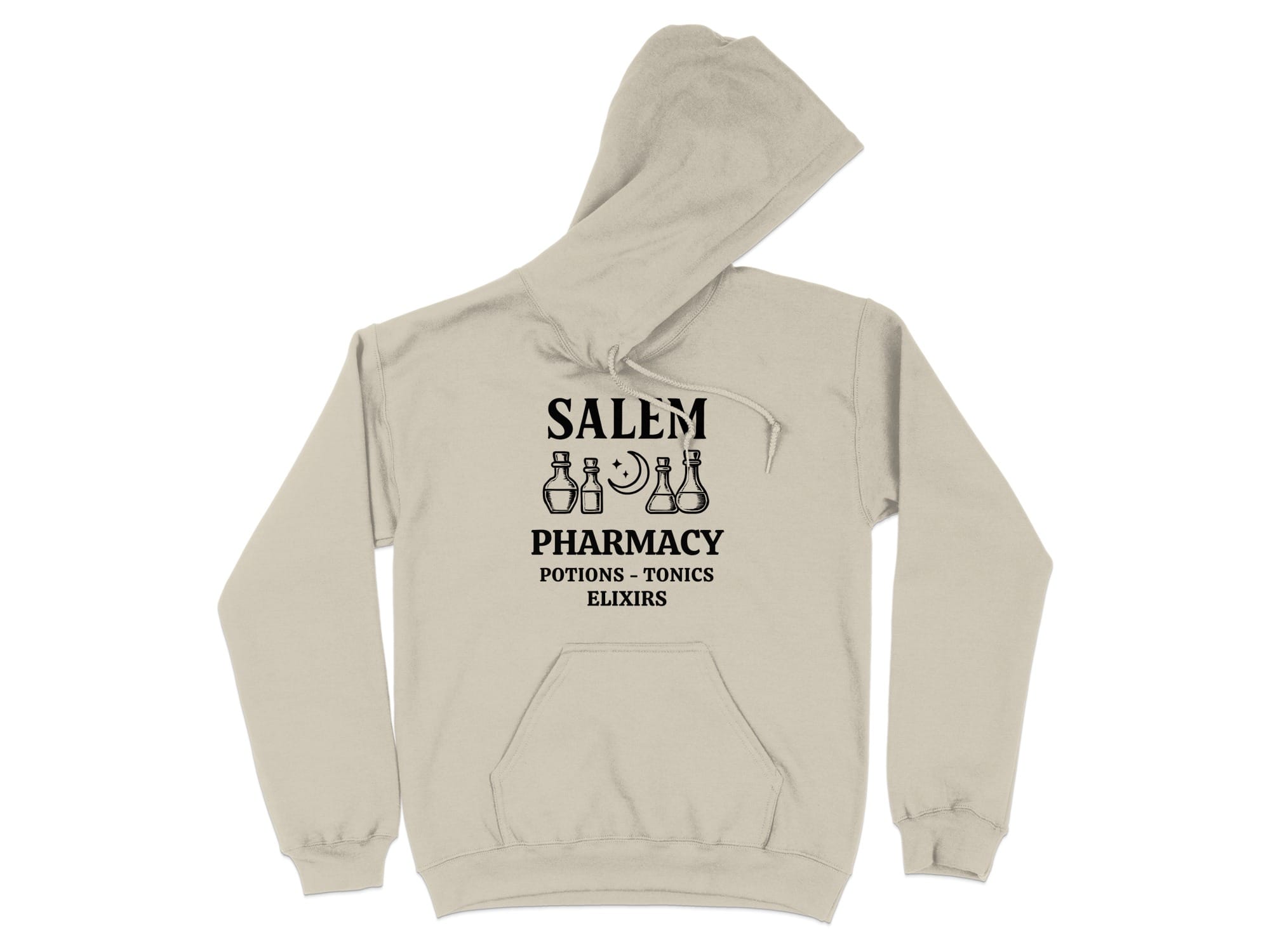 Sand hoodie with Salem Pharmacy potions elixirs design.