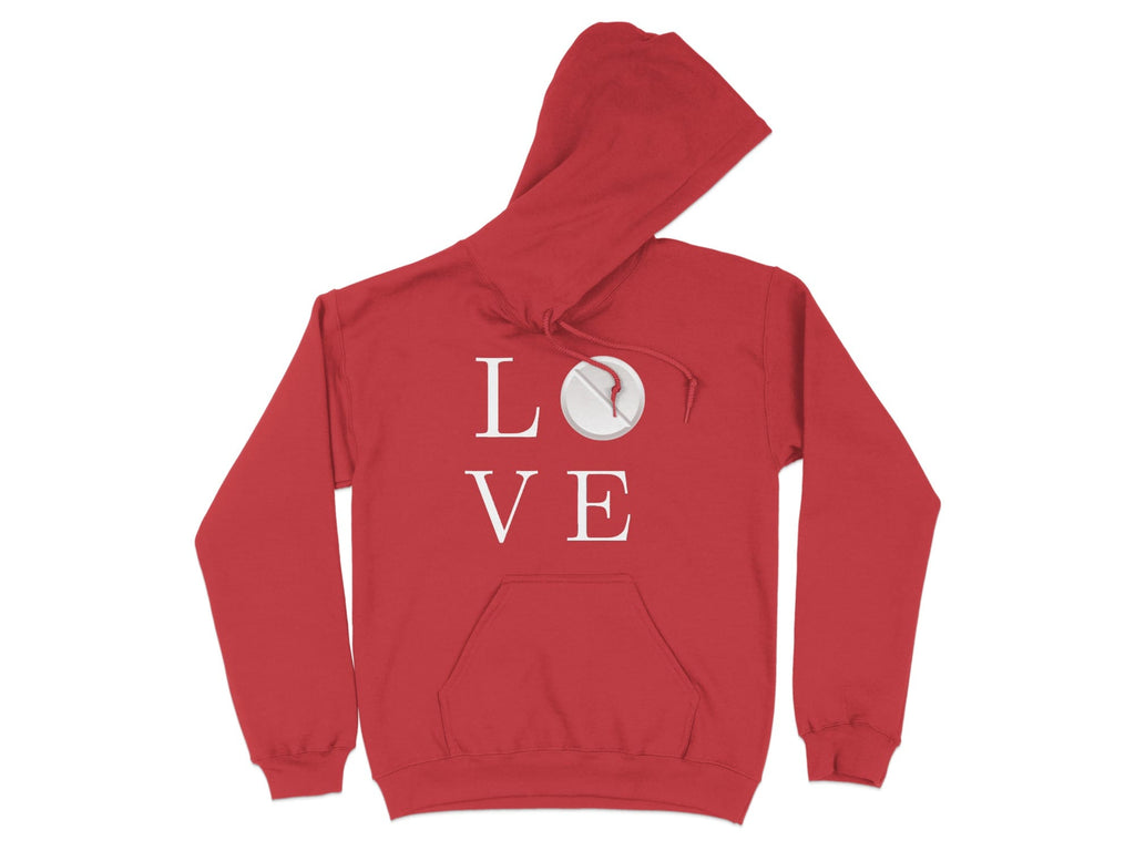 Red hoodie with "LOVE" graphic and a circular white emblem.