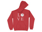 Red hoodie with "LOVE" graphic and a circular white emblem.