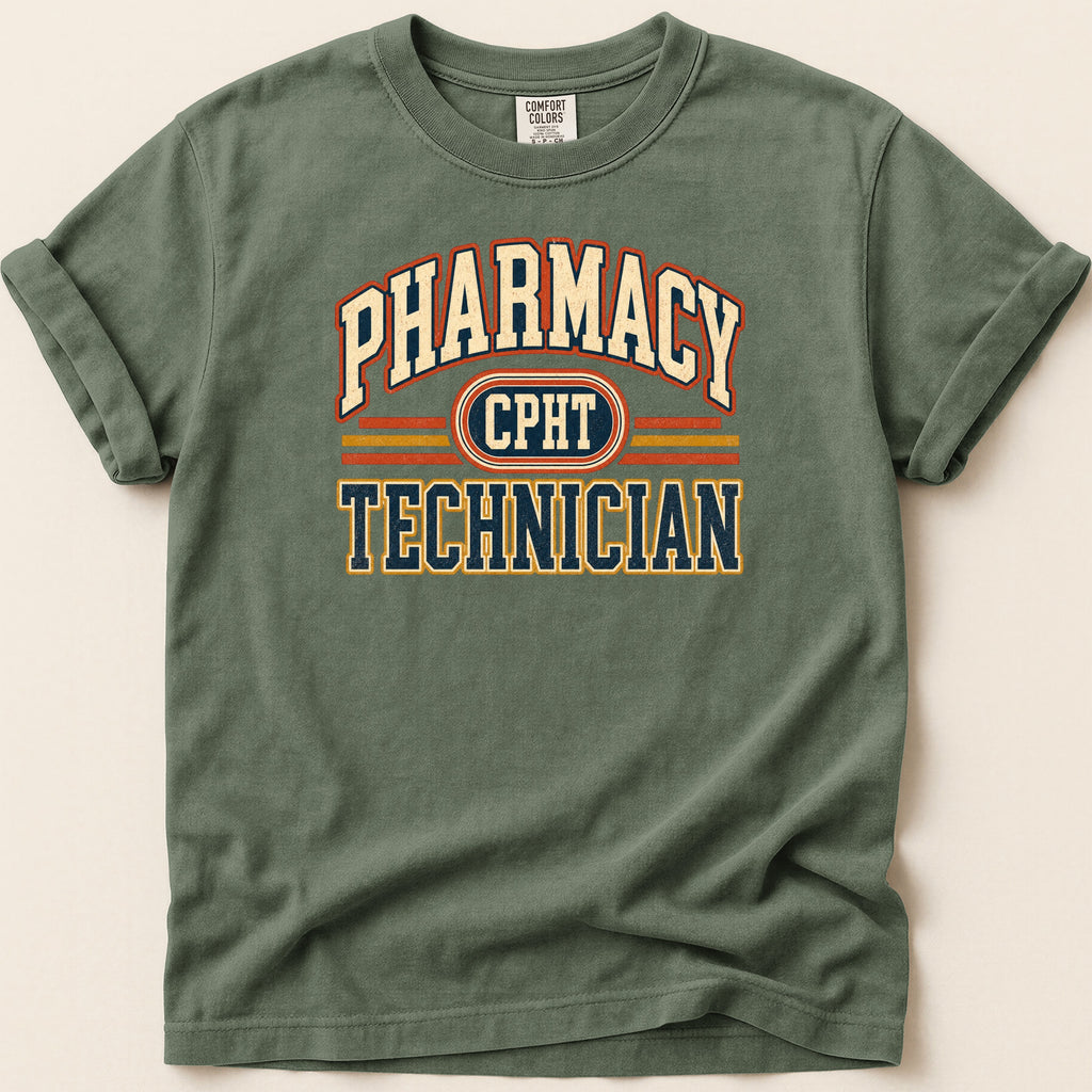 Green t-shirt with "Pharmacy CPHT Technician" text in cream and red lettering.