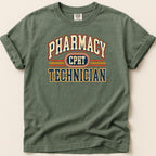 Green t-shirt with "Pharmacy CPHT Technician" text in cream and red lettering.