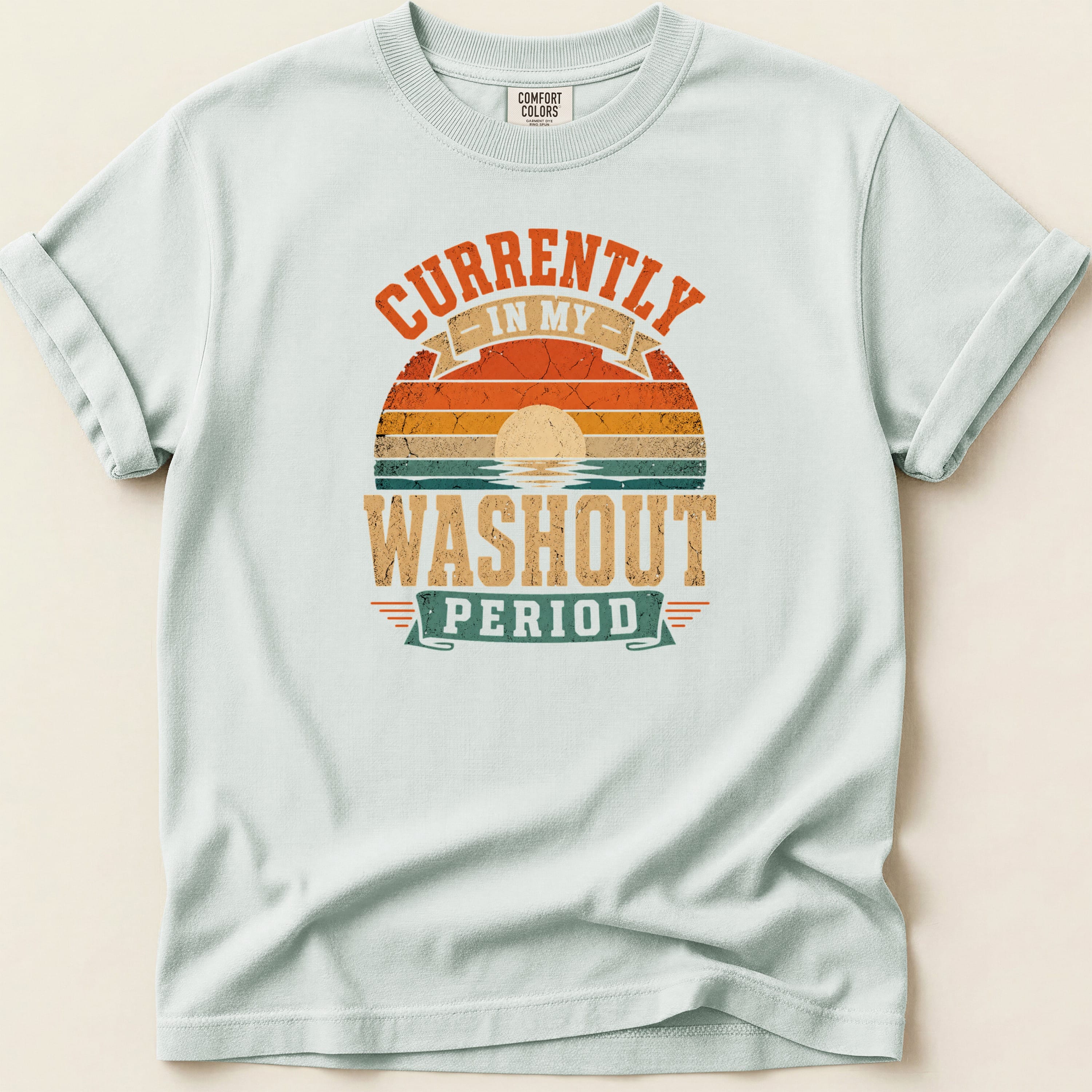 T-shirt with "Currently In My Washout Period" text and sunset graphic.