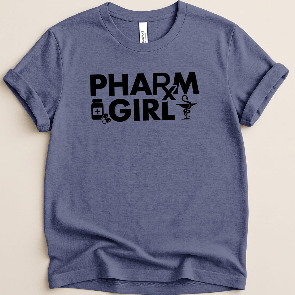 PharmGirl text with medical symbols on a blue t-shirt.