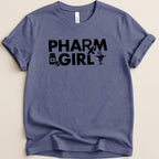 PharmGirl text with medical symbols on a blue t-shirt.
