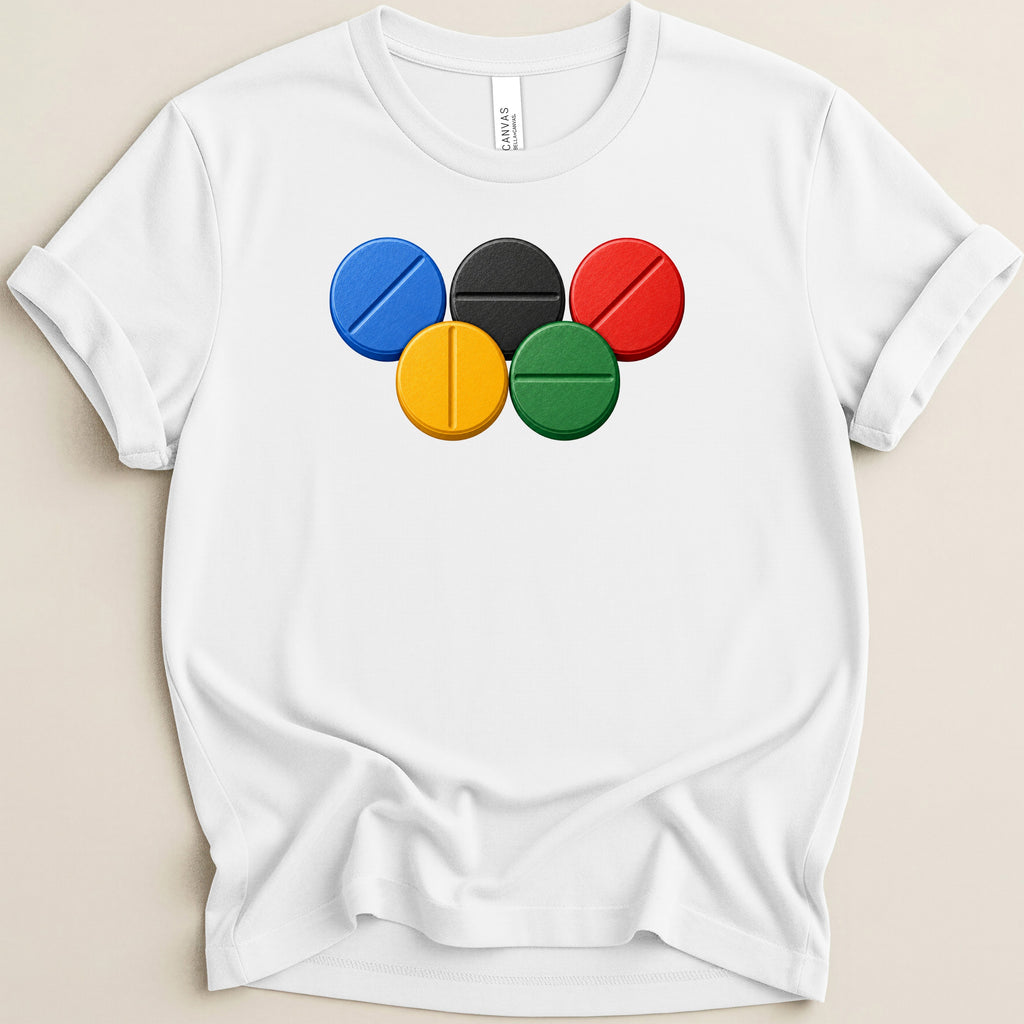White t-shirt with Olympic rings design made of pills.