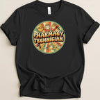 Pharmacy Technician Rx circle logo with pills and mortar and pestle.