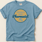 Blue t-shirt with "TOTALLY RAD Pharmacist" text and pill graphic.