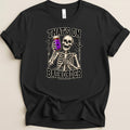 Skeleton holding purple jar with spider, text "That's on backorder".