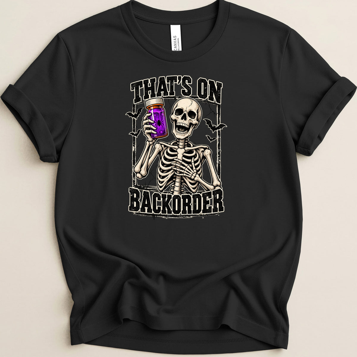 Skeleton holding purple jar with spider, text "That's on backorder".