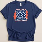 Navy t-shirt with white and orange "Call or Text 988 for Mental Health Support" graphic.
