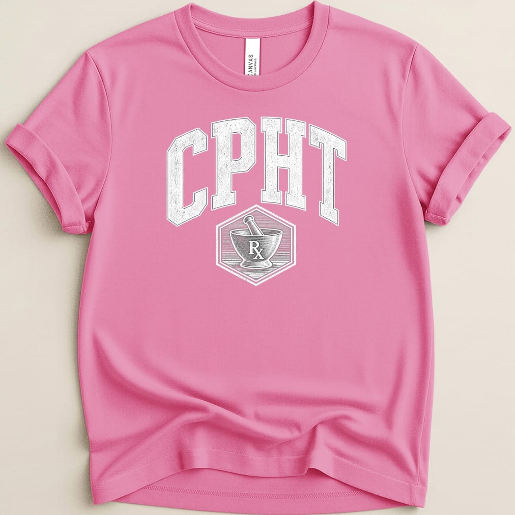 Pink crewneck t-shirt featuring white collegiate lettering that reads CPTT above a mortar and pestle icon.