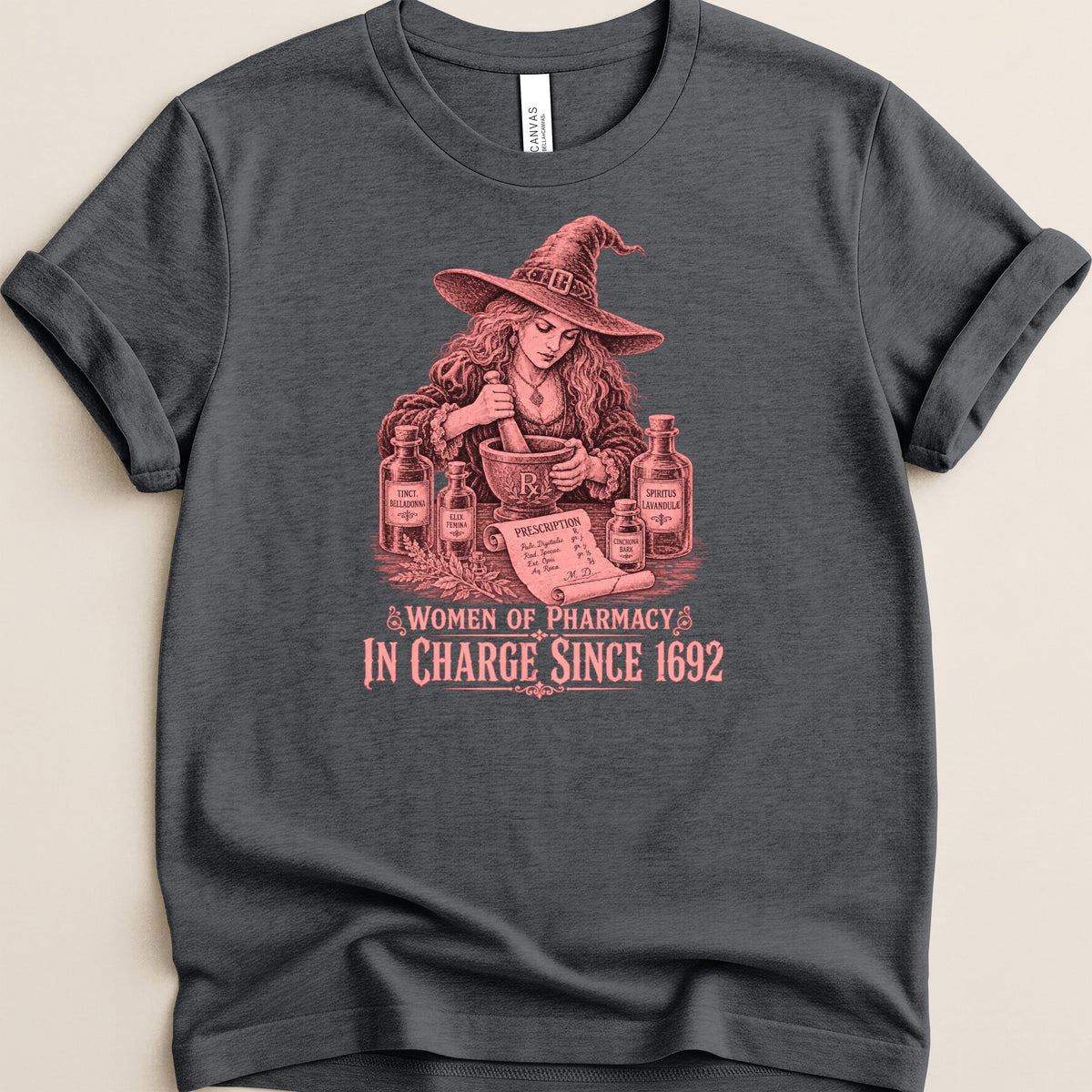 Women of pharmacy in charge since 1692 graphic with witch and apothecary bottles.