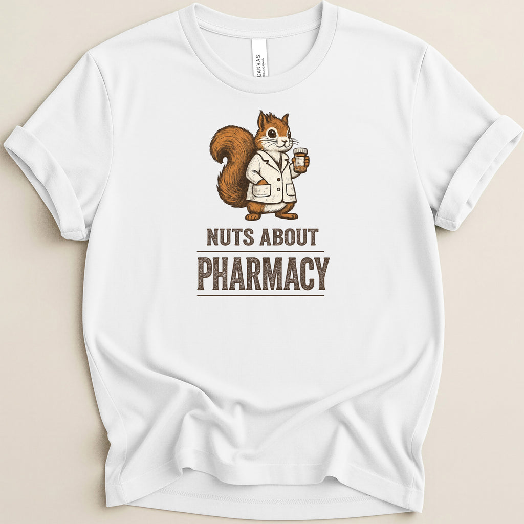 White t-shirt with a squirrel in a lab coat holding a pill bottle and text.