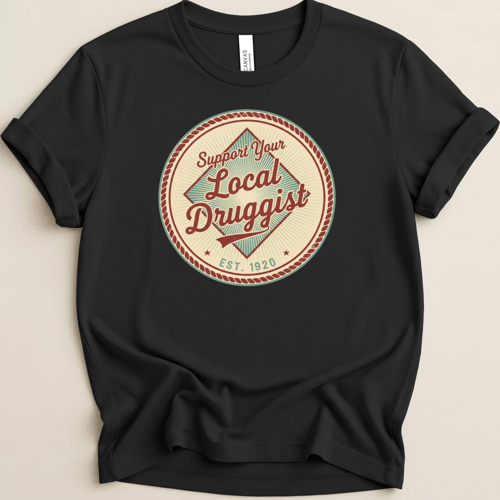 Black t-shirt with a circular graphic supporting local druggists.