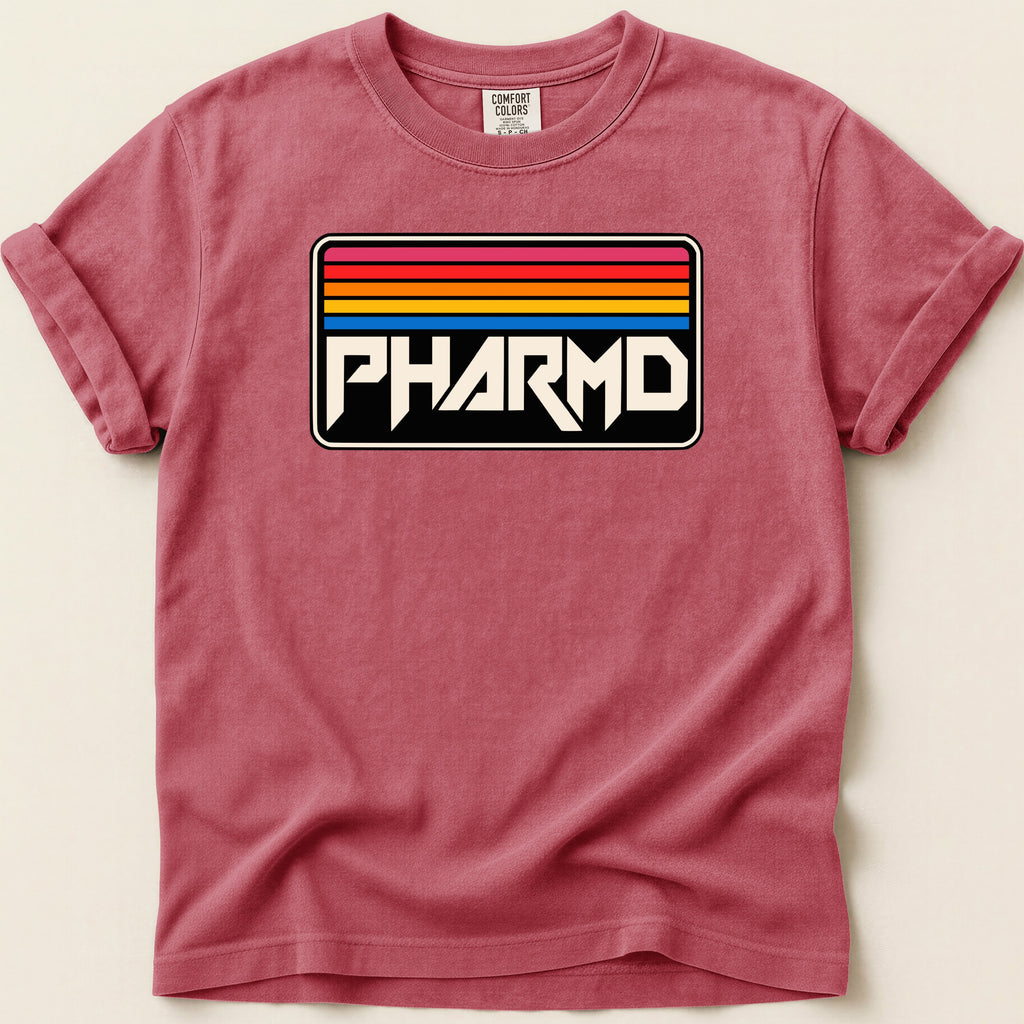 Red t-shirt with "PHARMD" in block letters on a retro, striped background.