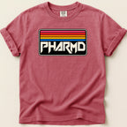 Red t-shirt with "PHARMD" in block letters on a retro, striped background.