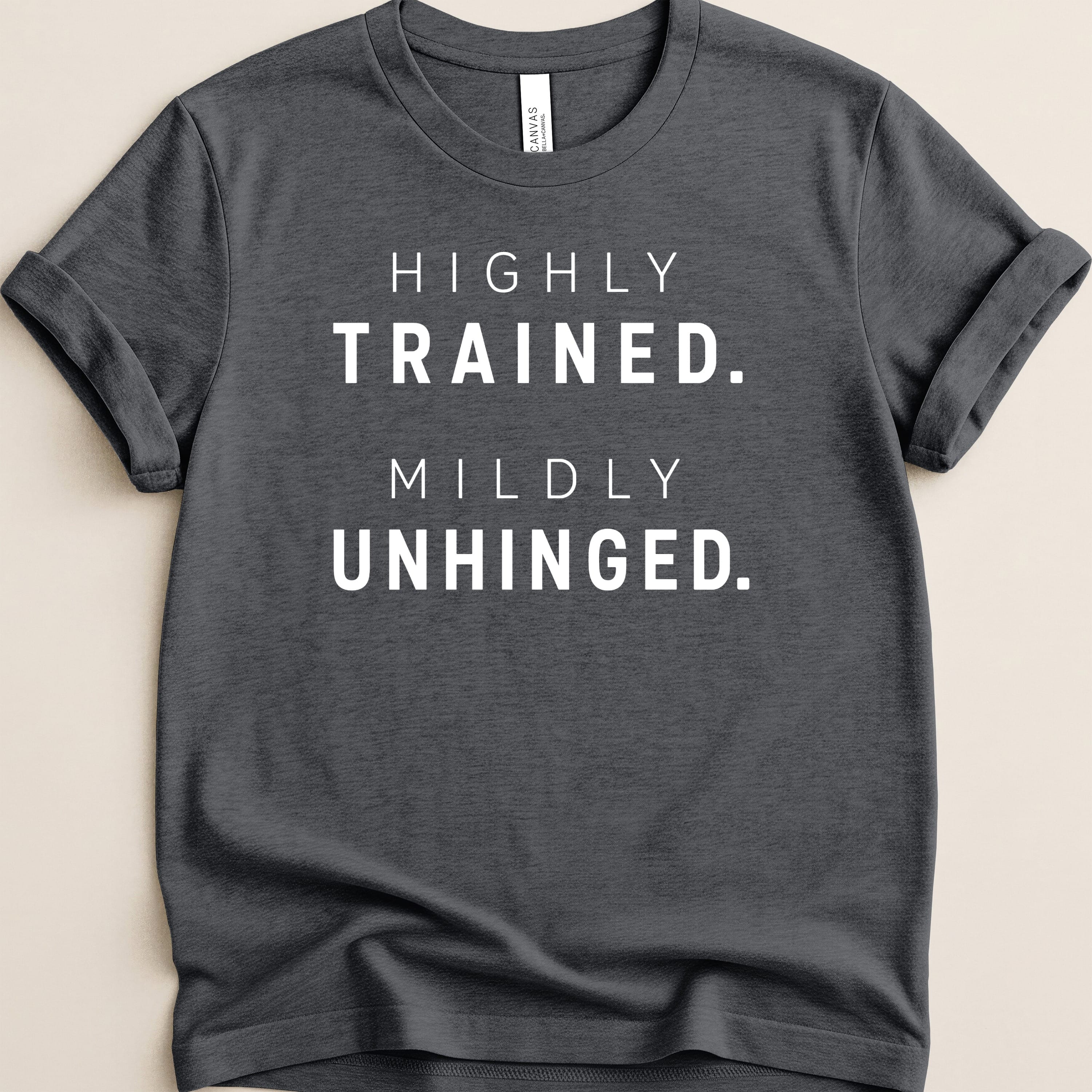 Dark grey t-shirt with white text: "HIGHLY TRAINED. MILDLY UNHINGED."